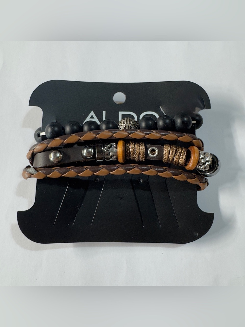 Aldo Men's Brown & Black Layered Leather and Bead Bracelet Set